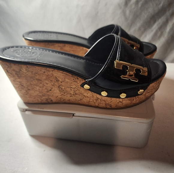 Tory Burch Shoes - Tory Burch Black and Gold Wedge Sandals